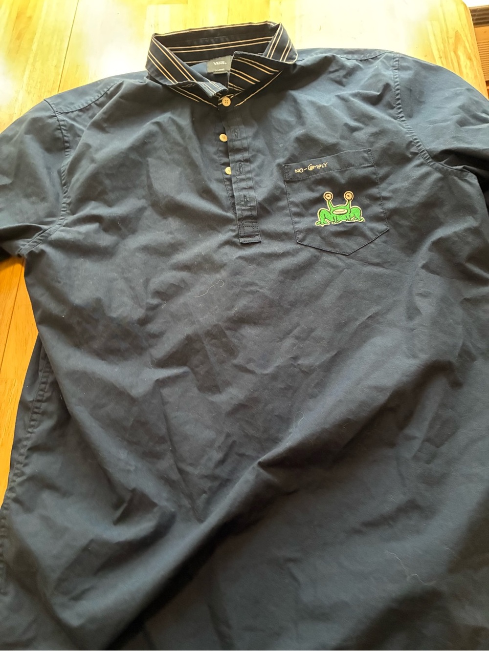 Vans Navy Polo with Striped Collar and Green Frog Embroidery